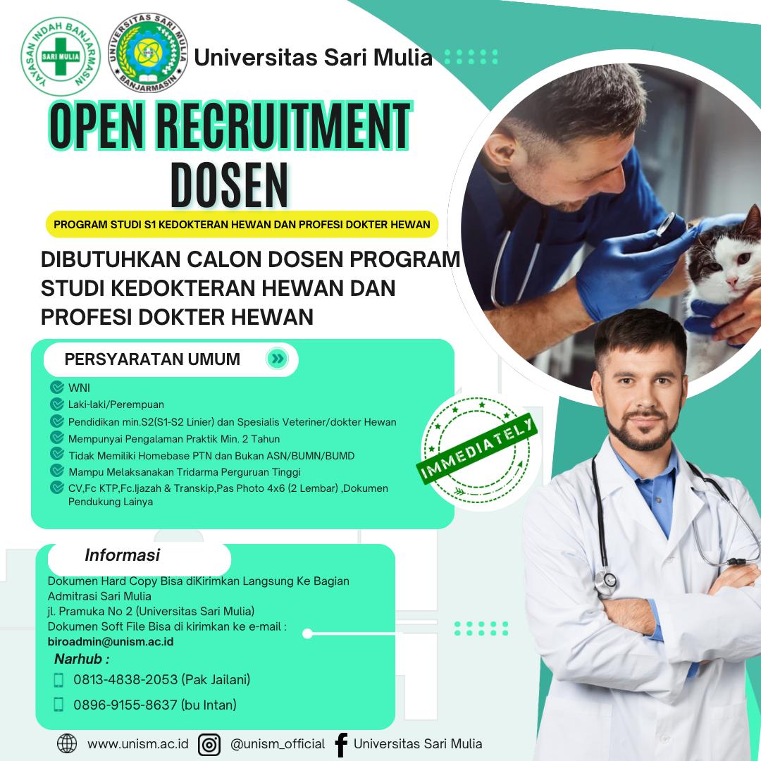 Open Recruitment Dosen Sarjana Kedokteran Hewan dan Profesi Dokter Hewan